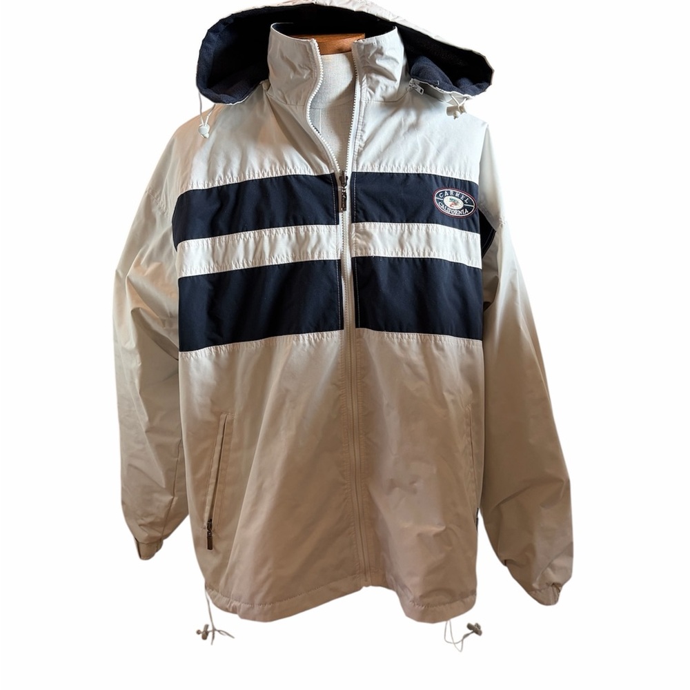 90s Cheneral White Navy REVERSIBLE Fleece Hooded CARMEL CALIFORNIA Jacket 2XL